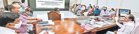 Chief Minister K Chandrasekhar Rao holds a meeting to discuss the design for the new Secretariat building with officials and the Chennai-based architect couple on Tuesday