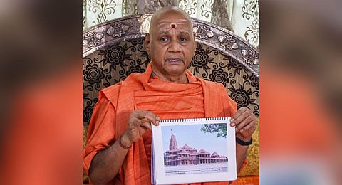 Swami Govind Dev Giriji Maharaj Treasurer of Ram Janmabhoomi Teertha Kshetra Trust speaks to the media in Pune Wednesday July 22 2020. (Photo | PTI)