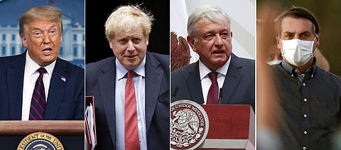 (L-R) US President Donald Trump, UK PM Boris Johnson, Mexico President Andres Manuel Lopez Obrador and Brazil's President Jair Bolsonaro (Photo | AP)