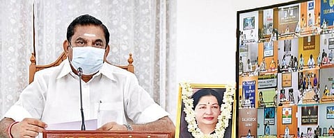Chief Minister Edappadi K Palaniswami chairing a meeting of District Collectors  to discuss Covid containment efforts, through a video conference application  from the Secretariat in Chennai on Wednes