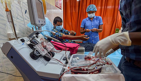 A COVID-19 survivor donates plasma at a Plasma Bank in Chennai. (Photo | PTI)