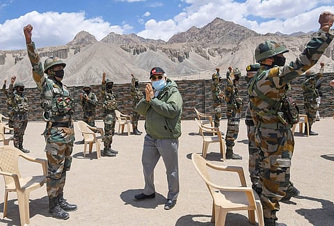 Prime Minister Narendra Modi during his visit to a forward location in Nimu in Ladakh Friday July 3 2020.  (Photo | Twitter)