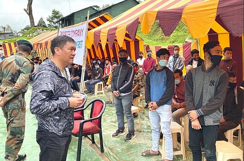 Chief Minister Pema Khandu at the 'porter raising ceremony' at Sapper in West Kameng district on Friday (Photo | Twitter/@PemaKhanduBJP)