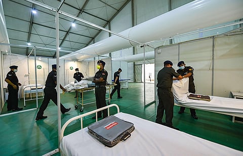 A COVID care facility being given final touches at the Defence Accounts office near IGI Airport in New Delhi Sunday July 5 2020.  (Photo | PTI)