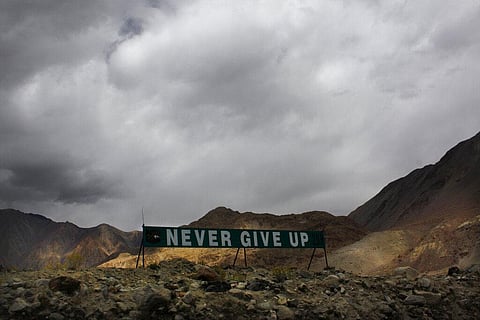 In this Sept. 14, 2017, file photo, a banner erected by the Indian army stands near Pangong Tso lake near the India China border in India's Ladakh area. (Photo | AP)