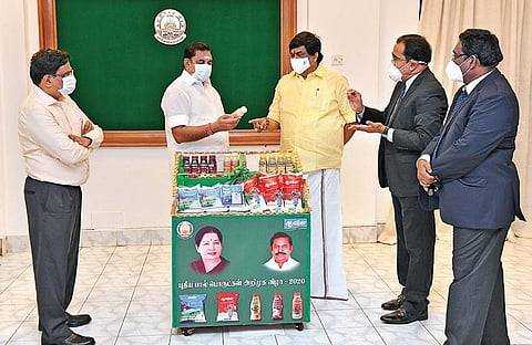 Chief Minister Edappadi K Palaniswami launches the new drinks offered by Aavin, in the presence of Dairy Development Minister KT Rajenthra Bhalaji at the Secretariat on Wednesday