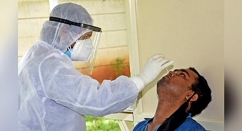A health worker collects samples of patients at a new swab collection centre in Mysuru.  (File Photo | Udayshankar S, EPS)