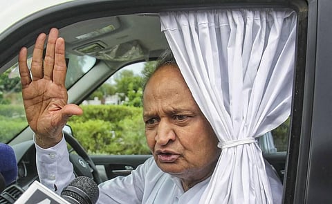 Rajasthan Chief Minister Ashok Gehlot speaks to the media persons as he leaves the airport after arriving back from Jaisalmer to Jaipur Saturday Aug. 1 2020. (File| PTI)