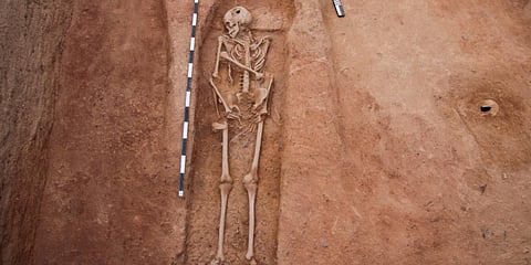 The human-size skeleton in a trench at Konthagai. (Photo| EPS)