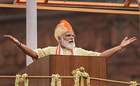 Prime Minister Narendra Modi addresses the nation during the 74th Independence Day celebrations at Red Fort in New Delhi. (Photo | PTI)