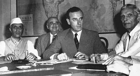 Pandit Jawaharlal Nehru (L), Sir Cyril Radcliffe (Centre) and Muhammad Ali Jinnah (R) at a meeting in 1947 for discussing the lines of Partition. (File Photo | AP)