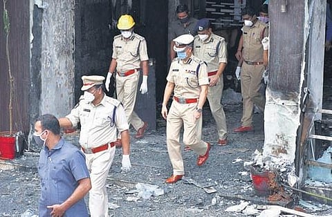 DGP Gautam Sawang visits Swarna Palace Hotel after the fire incident in Vijayawada on Sunday (File phot | Prasant Madugula, EPS)