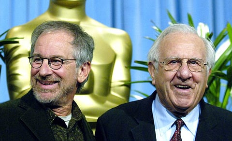 Steven Spielberg, nominated for best director for his work on 'Munich,' left, arrives with his father Arnold an awards function's luncheon on Feb. 13, 2006. (Photo | AP)