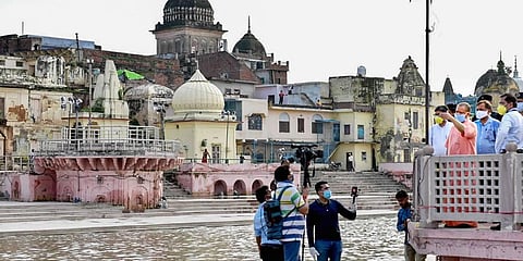 Uttar Pradesh Chief Minister Yogi Adityanath takes stock of preparations for the ground breaking ceremony of the 'Ram Mandir' in Ayodhya Monday Aug 3 2020. (Photo | PTI)