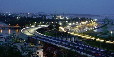 A view of Kanaka Durga flyover on which load test still going in Vijayawada. (File photo| P Ravindra Babu, EPS)