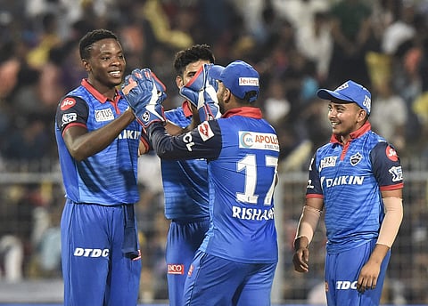 Delhi Capitals bowler Rabada celebrates with teammates.| PTI