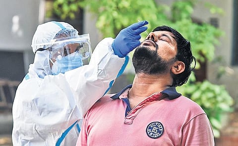 A healthcare worker collects a sample for coronavirus testing in Daryaganj  | Parveen Negi