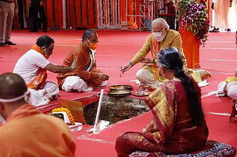 PM Narendra Modi performing the bhoomi pujan for Ram Temple in Ayodhya on Wednesday (Photo | EPS)