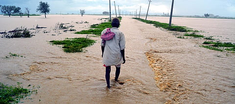 A man seen walking through flooded plains. This image is used for representational purposes.  (Photo | EPS)
