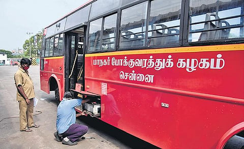 A MTC bus being checked at Pallavan House, in Chennai on Monday | R Satish Babu