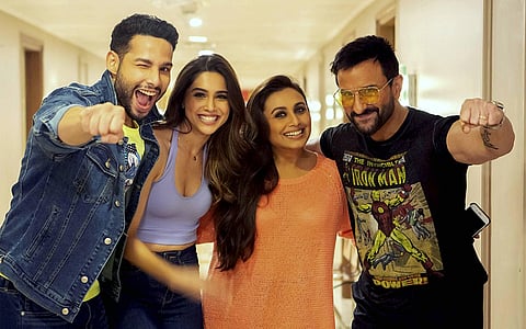 Bollywood actors Saif Ali Khan Rani Mukerji Siddhant Chaturvedi and debutant Sharvari pose for a photograph after shooting for the film 'Bunty Aur Babli 2' in Mumbai. (Photo | PTI)
