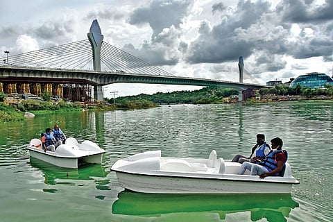 With the cable-stayed bridge at Durgam Cheruvu in Madhapur all set for inauguration, the Tourism Department is getting  ready to introduce boating facilities in the lake to attract tourists | VINAY MA