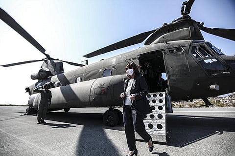 In this photo provided by the Greek President's office, Greece's President Katerina Sakellaropoulou arrives at Kastellorizo. (Photo | AP)