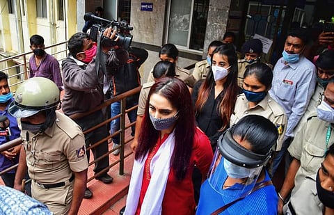 Actress Ragini and Sanjana, accused in drug  case were taken to KC General hospital in Malleshwara for medical check up on Monday in Bengaluru. (Photo | Shriram BN/EPS)