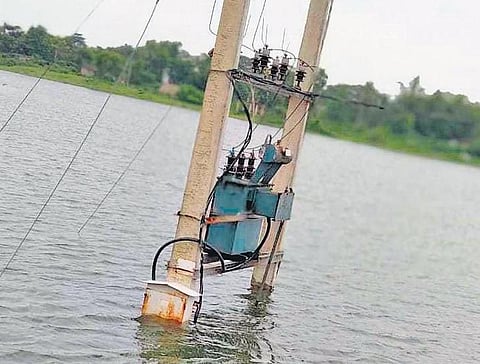 A water-logged transformer in Naugaon block of Jagatsinghpur. (Photo | EPS)