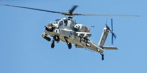 IAF’s Apache helicopter flies overLadakh on Thursday amid tension with China. (Photo | PTI)