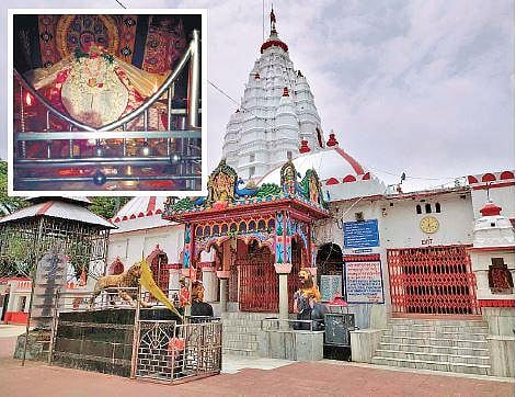Samaleswari temple wears a deserted look on the occasion of Mahalaya on Thursday and (inset) the deity decked up in ‘Dhabalamukhi Besha’ | Express