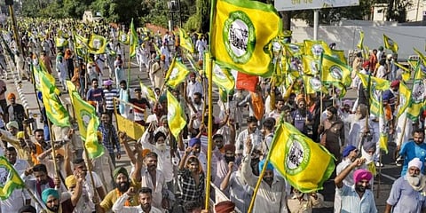 Members of various farmer organisations hold a protest against the Central Government over agriculture-related ordinances in Patiala. (Photo | PTI)