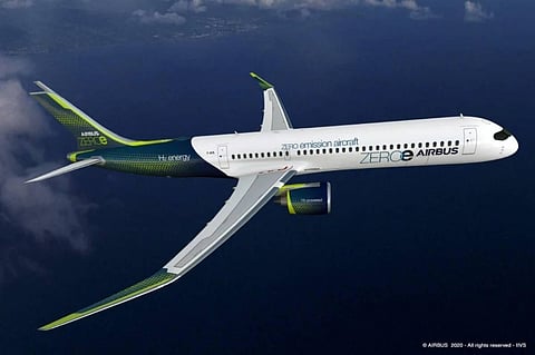 This handout computer-generated image released Airbus shows a prototype of zero-emission hydrogen-powered aircraft. - AFP pic/Airbus