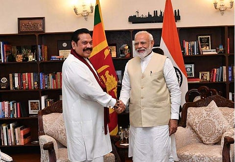 Prime Minister Narendra Modi with Sri Lanka Prime Minister Mahinda Rajapaksa (Photo | Twitter)
