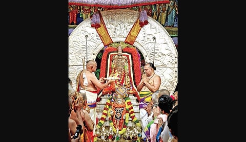 Lord Malayappa Swamy seated atop Surya Prabha Vahanam on Friday. (Photo I Express)