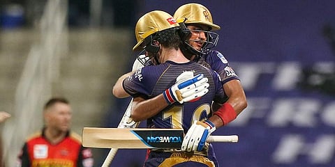 Shubman Gill and Eoin Morgan of Kolkata Knight Riders celebrates their win against Sunrisers Hyderabad in IPL 2020 match at the Sheikh Zayed Stadium. (Photo | PTI)