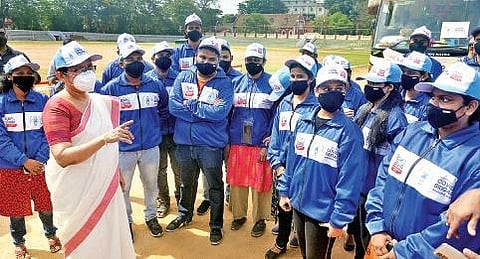 Health Minister KK Shylaja briefing the members of Covid Brigade ahead of their first journey to Kasaragod district. (Photo | Vincent Pulickal,EPS)