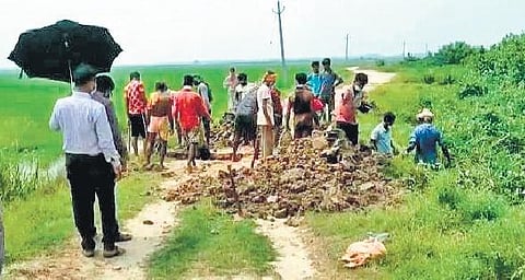 An illegal shrimp farm being demolished in Hariabanka village (Photo | EPS)