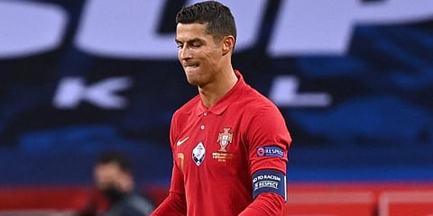 Cristiano Ronaldo celebrates scoring 100th goal for Portugal, during the UEFA Nations League football match against Sweden. (Photo | AFP)