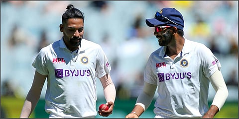 Indian pacers Jasprit Bumrah (R) and Mohammad Siraj (L) (File Photo | AP)