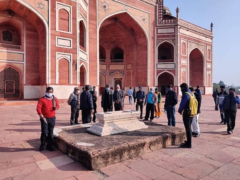 Panel members inspecting  the grave at Humayun's tomb which is believed to be Dara Shikoh. (Photo | EPS)