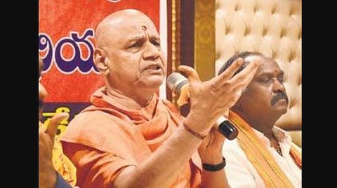 Govind Dev Giri addressing the media in Hyderabad. 