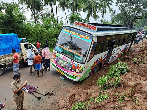 The bus which came in contact with a power line, resulting in the electrocution of four passengers (Photo | Express)
