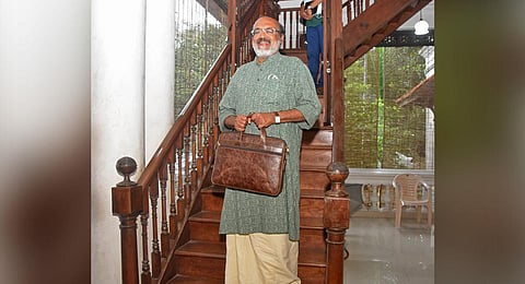 Kerala Finance minister TM Thomas Issac  moving out from his official residence to present the state budget on Friday. (Photo | BP Deepu, EPS)