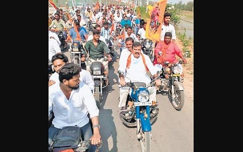 TRS MLA Kranti Kiran takes part in a bike rally at Jogipet. (Photo | Express)