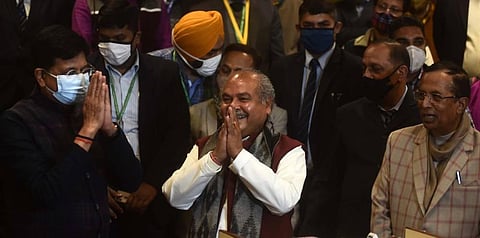 Union Minister for Agriculture and Farmers Welfare Narendra Singh Tomar C along with Minister for Commerce and Industry Piyush Goyal and Minister of State Som Prakash. (Photo | Parveen Negi/EPS)