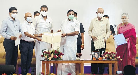 Chief Minister Edappadi K Palaniswami along with Municipal Administration Minister SP Velumani at a meeting with industry and trade association representatives in Coimbatore on Friday night  | express