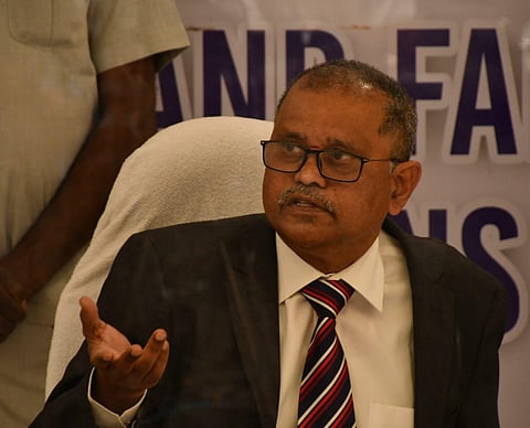 SEC Nimmagadda Ramesh Kumar at the press conference releasing notification for first phase of polls. (Photo | Prasanth Madugula, EPS)