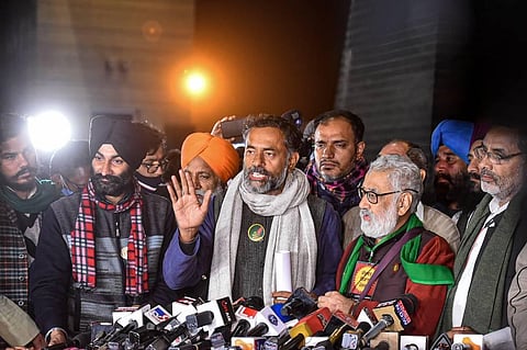 Swaraj Abhiyan leader Yogendra Yadav addresses media on the planned tractor rally on Republic Day 2021 during 'Kisan Sansad' at Guru Tegh Bahadur Memorial in New Delhi. (Photo | PTI)