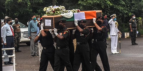 Mortal remains of Sepoy Chandrakant Pradhan and Naib Subedar Nandu Ram who martyred at Galwan Valley  at Biju Patnaik International Airport in Bhubaneswar. (File Photo | Biswanath Swain, EPS)